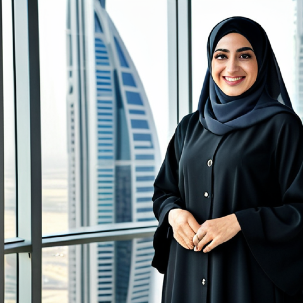 **
A professional Arab businesswoman in a modest, tailored abaya and hijab, smiling confidently in a modern office setting in Dubai. Skyscrapers visible through the large windows. Fully clothed, appropriate attire, safe for work, perfect anatomy, natural proportions, professional portrait, high quality, family-friendly.
**