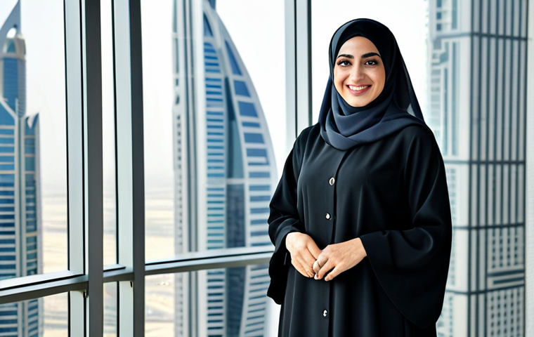 **

A professional Arab businesswoman in a modest, tailored abaya and hijab, smiling confidently in a modern office setting in Dubai. Skyscrapers visible through the large windows. Fully clothed, appropriate attire, safe for work, perfect anatomy, natural proportions, professional portrait, high quality, family-friendly.

**