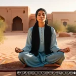 Home 17 심리학적 용서 훈련 프로그램 소개 - A serene Middle Eastern woman practicing mindfulness meditation outdoors during golden hour, surroun...