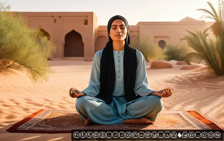 심리학적 용서 훈련 프로그램 소개 - A serene Middle Eastern woman practicing mindfulness meditation outdoors during golden hour, surroun...