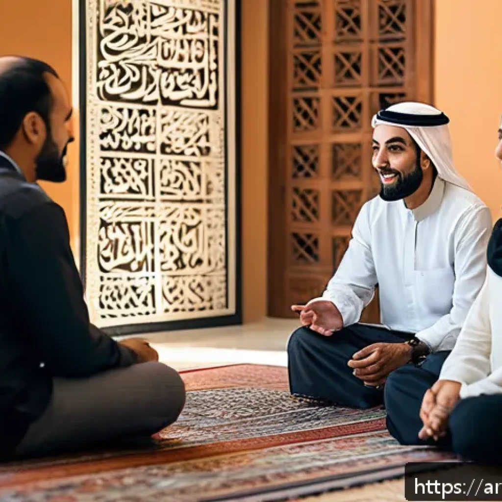 용서와 인지적 재구성의 관계 - A diverse group of Middle Eastern adults engaging in an open and respectful conversation in a warm, ...