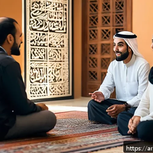 Home 28 용서와 인지적 재구성의 관계 - A diverse group of Middle Eastern adults engaging in an open and respectful conversation in a warm, ...