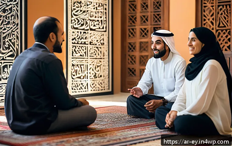 용서와 인지적 재구성의 관계 - A diverse group of Middle Eastern adults engaging in an open and respectful conversation in a warm, ...