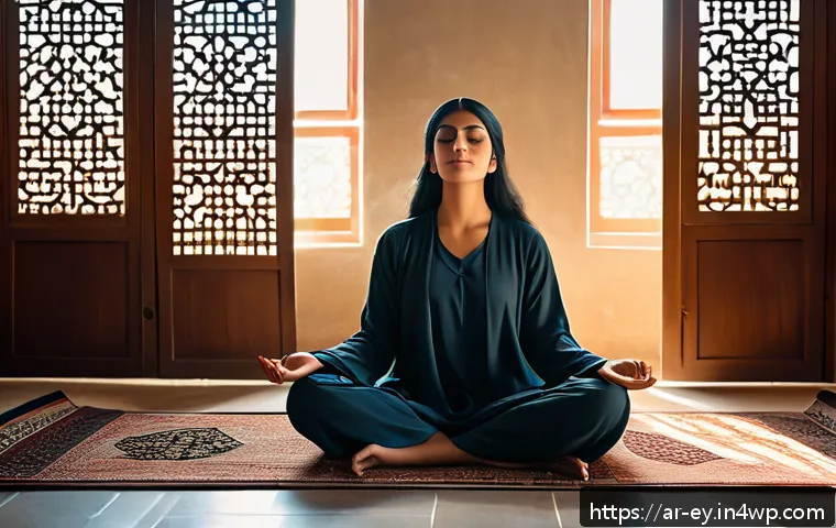 용서의 심리학적 원리 이론과 적용 - A serene Middle Eastern woman sitting cross-legged on a traditional Persian rug in a sunlit room, ey...